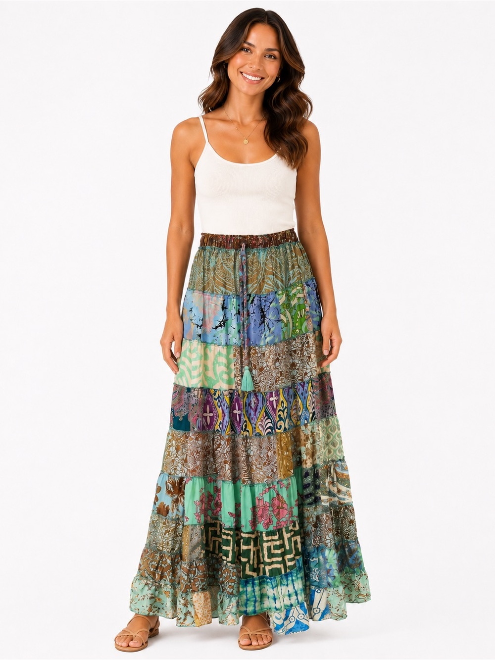 Karma Highway One Size Patchwork Boho Maxi Skirt in Aqua & Teal